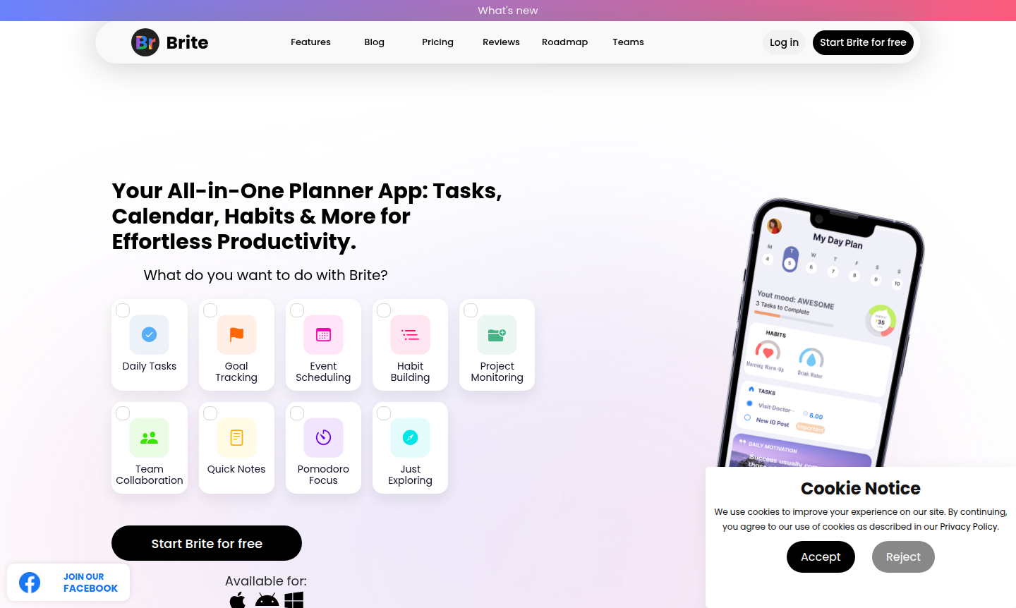 Brite app interface showing task management, calendar, and habit tracking features