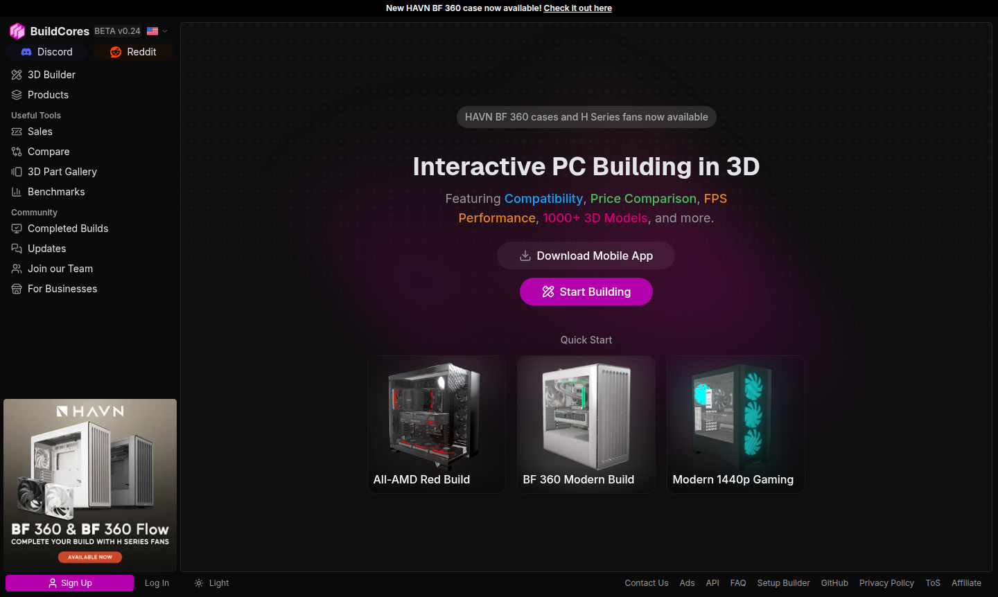 Screenshot of BuildCores 3D PC builder showing component selection and compatibility check