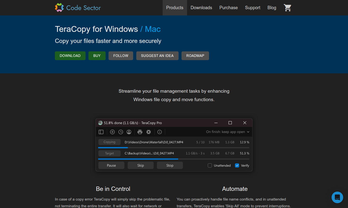 TeraCopy application interface showing file transfer progress and speed graphs