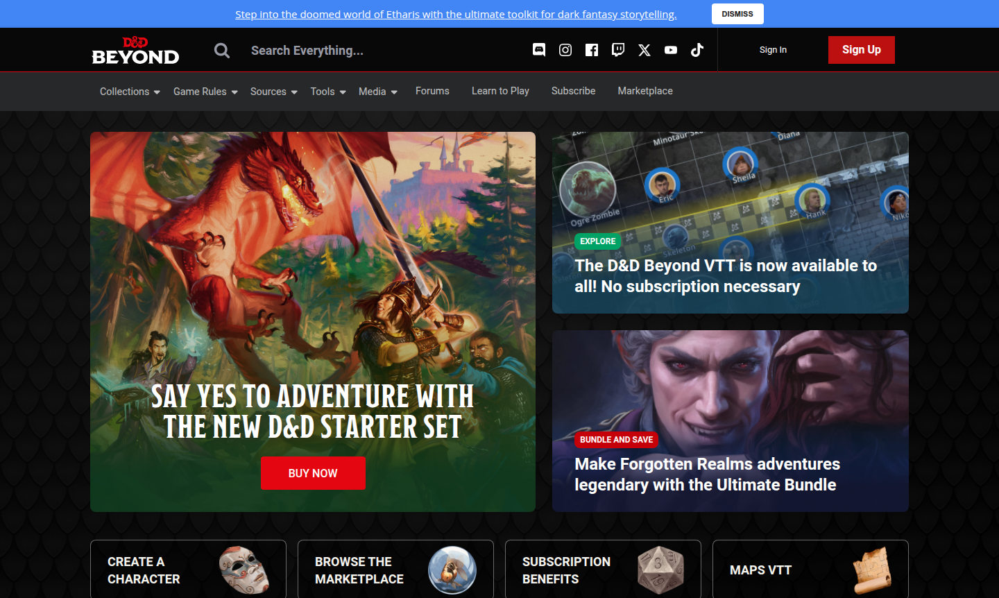 D&D Beyond platform interface showing character creation tools and digital rulebooks