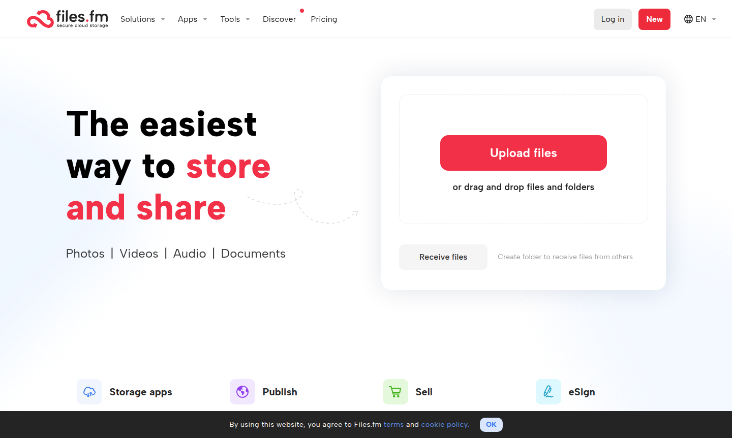 Files.fm cloud storage interface showing file management and AI tools