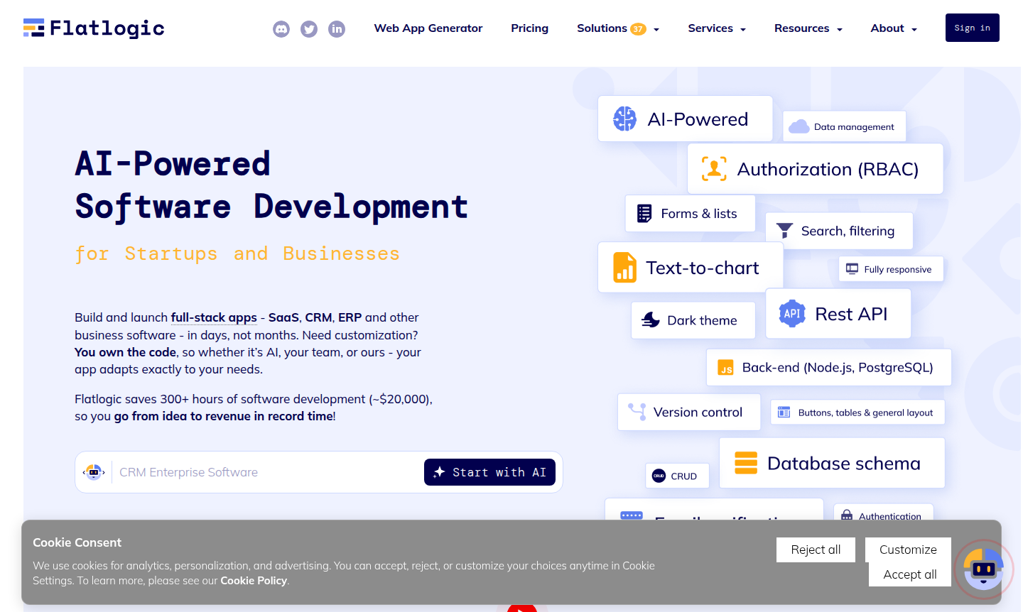 Flatlogic platform interface showing AI-powered application generation