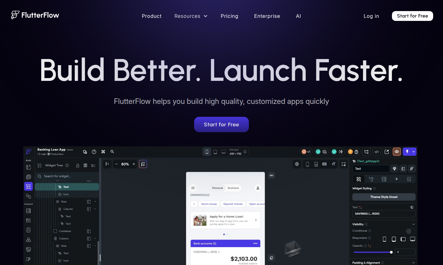 FlutterFlow app builder interface