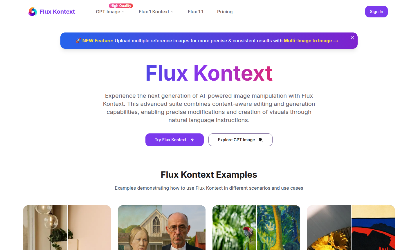 Flux Kontext AI image editing interface showing before and after transformations