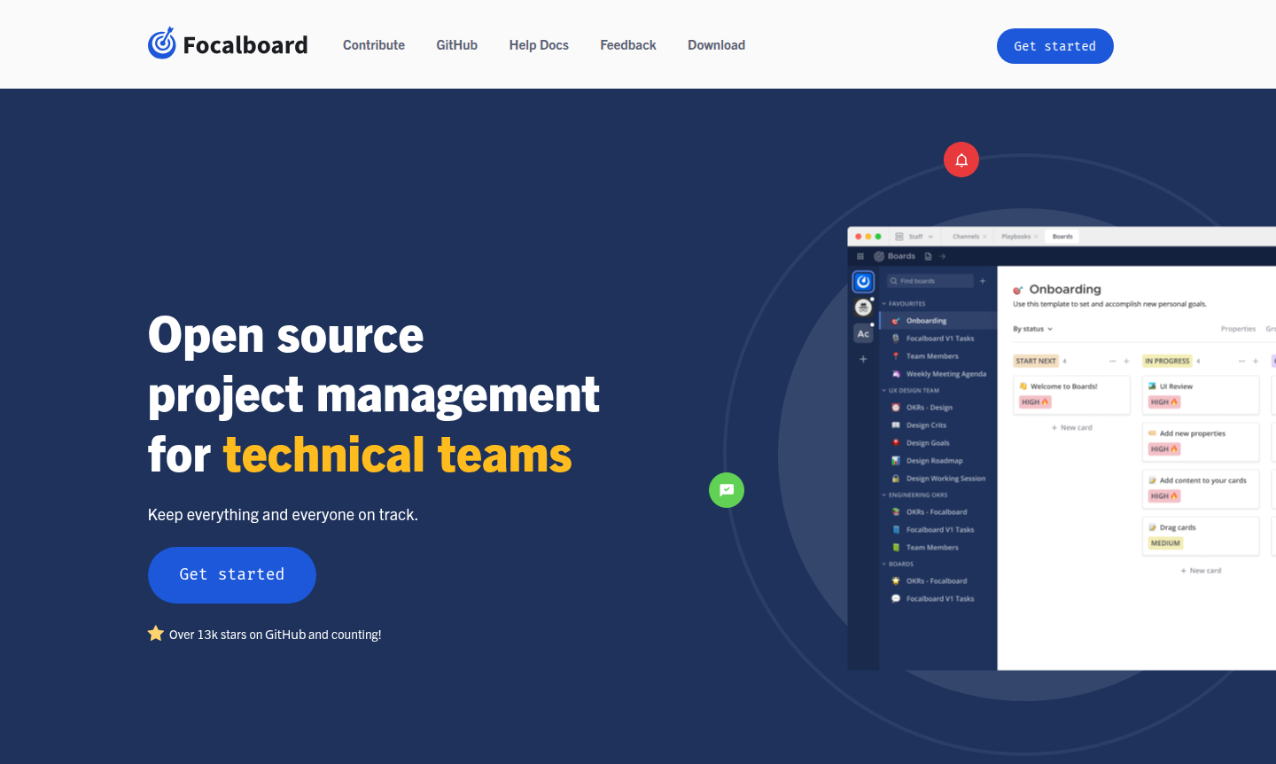 Focalboard project management interface showing Kanban boards and task management