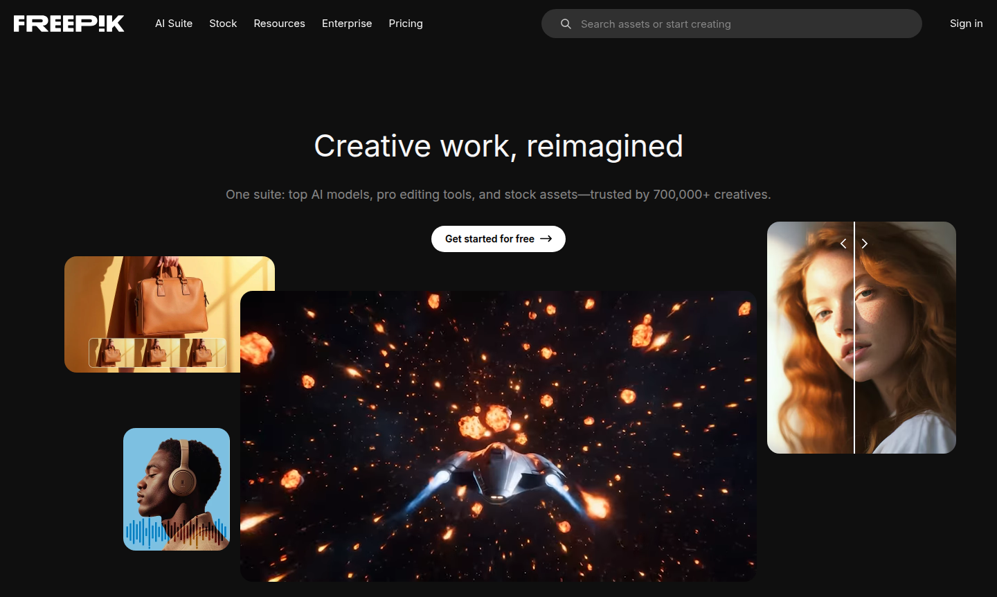 Freepik creative suite interface showcasing AI tools
