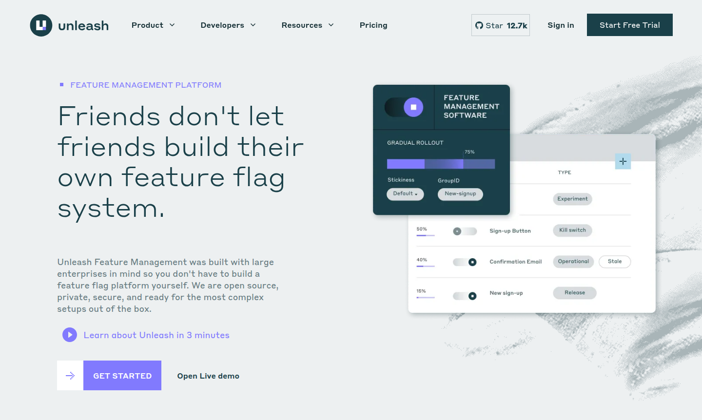 Unleash Feature Management platform dashboard showing feature flag management interface