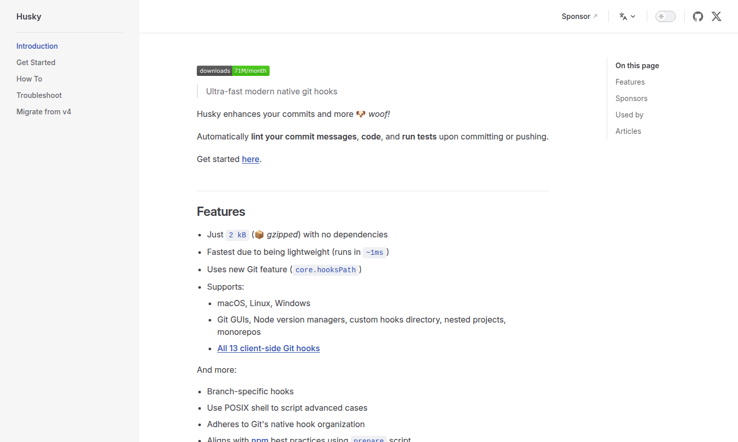 Husky git hooks automation tool interface showing hook configuration