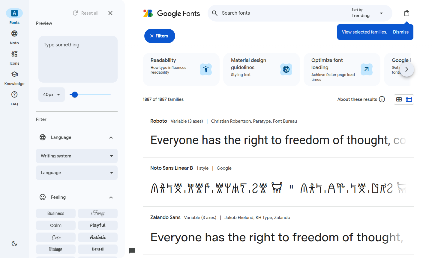 Google Fonts interface showing font library and typography tools