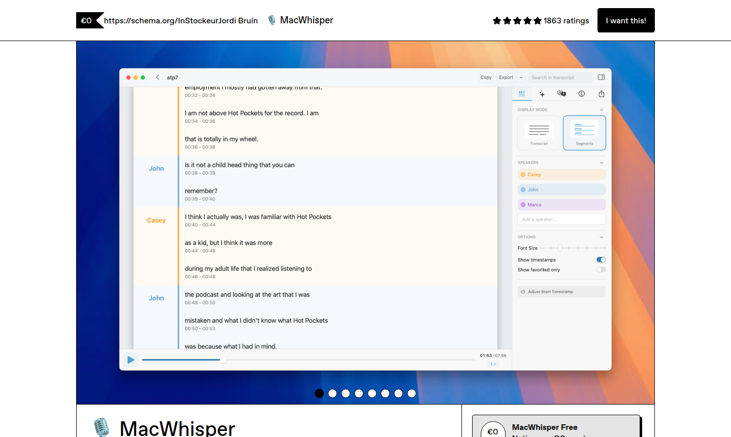 MacWhisper application interface showing audio file transcription in progress
