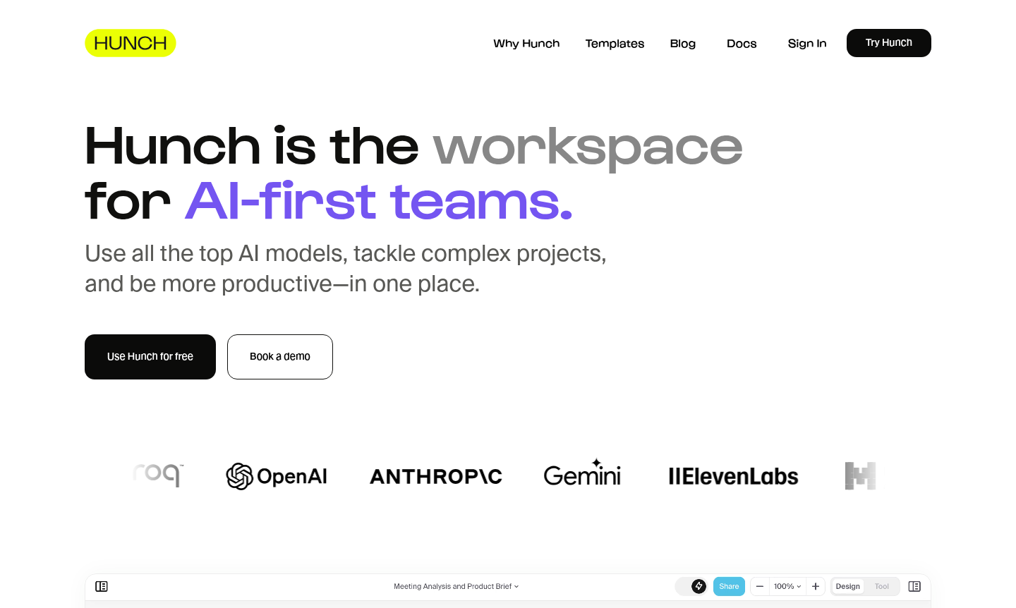 Hunch AI workspace interface showing visual workflow canvas with multiple AI model integration