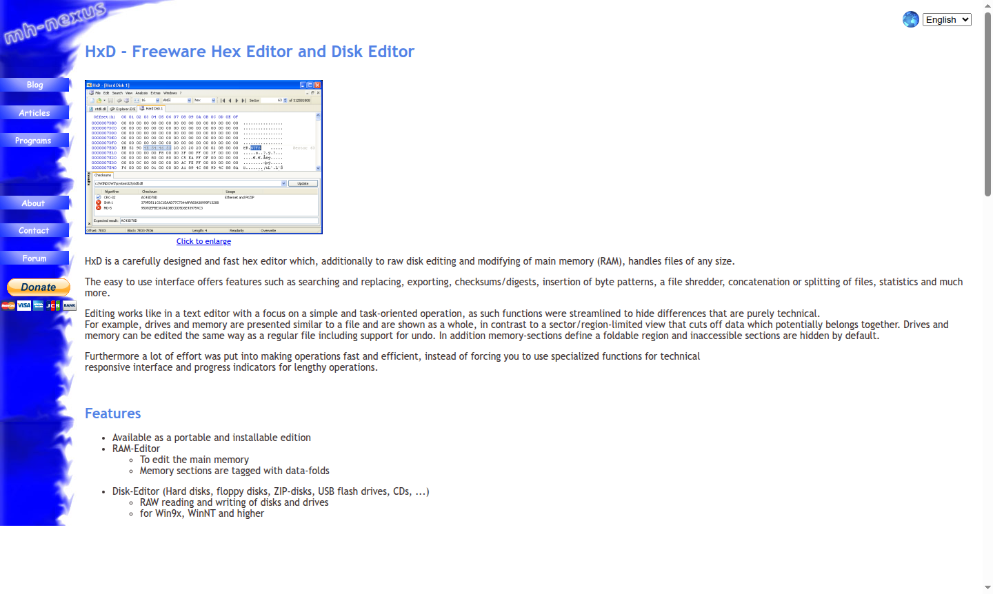Mini screenshot of HxD hex editor and disk editor