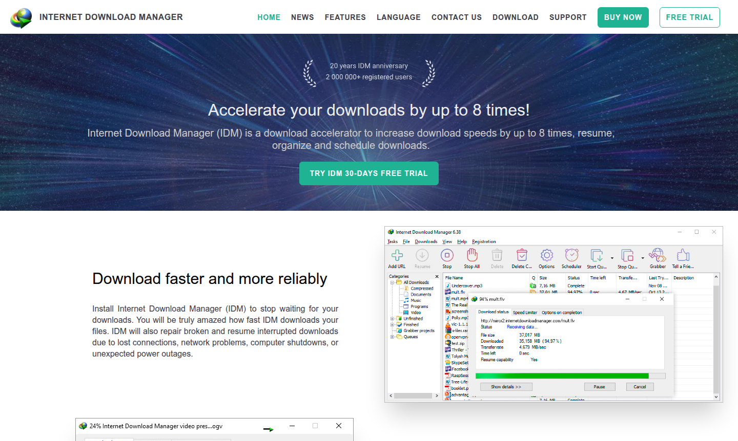 Internet Download Manager interface showing download queue and acceleration features