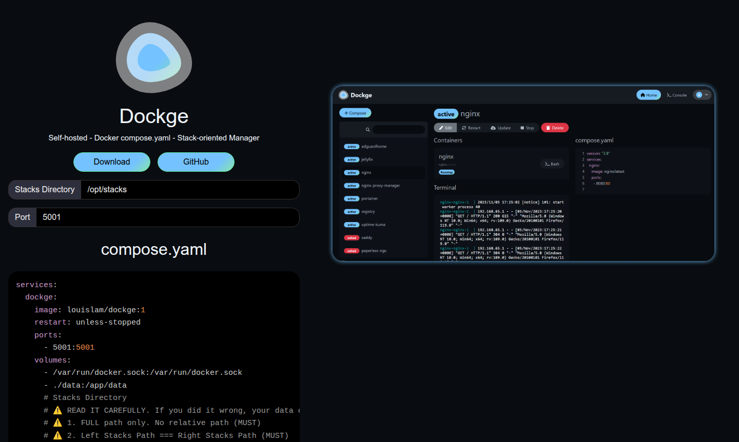 Dockge web interface showing Docker Compose stack management dashboard