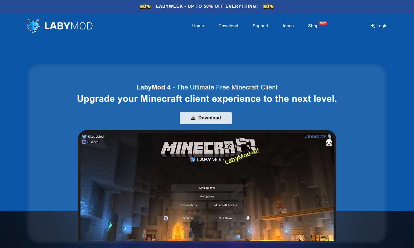 LabyMod Minecraft client interface showing performance and social features