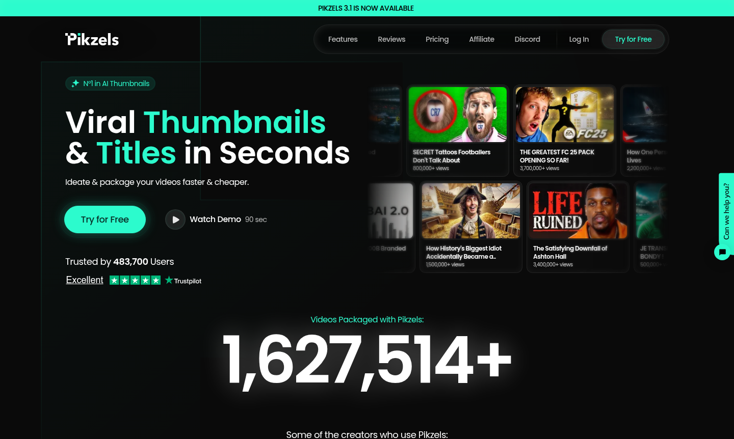Pikzels AI thumbnail generator interface showing YouTube thumbnail creation tools
