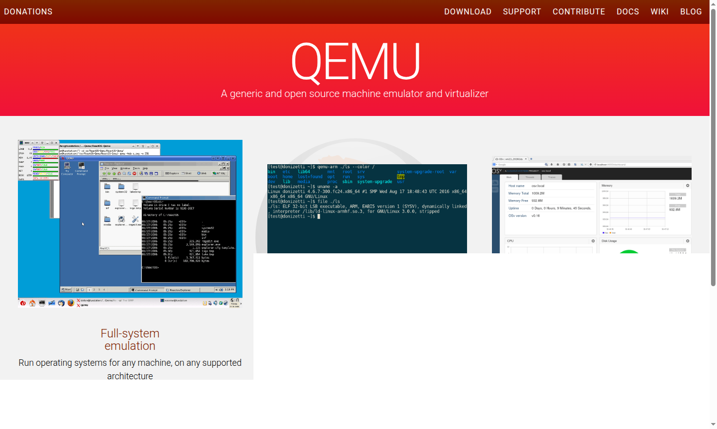 QEMU software interface showing virtual machine management