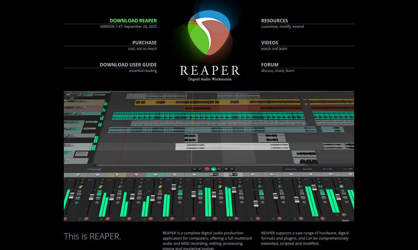 REAPER Digital Audio Workstation interface screenshot showing audio tracks and mixing console