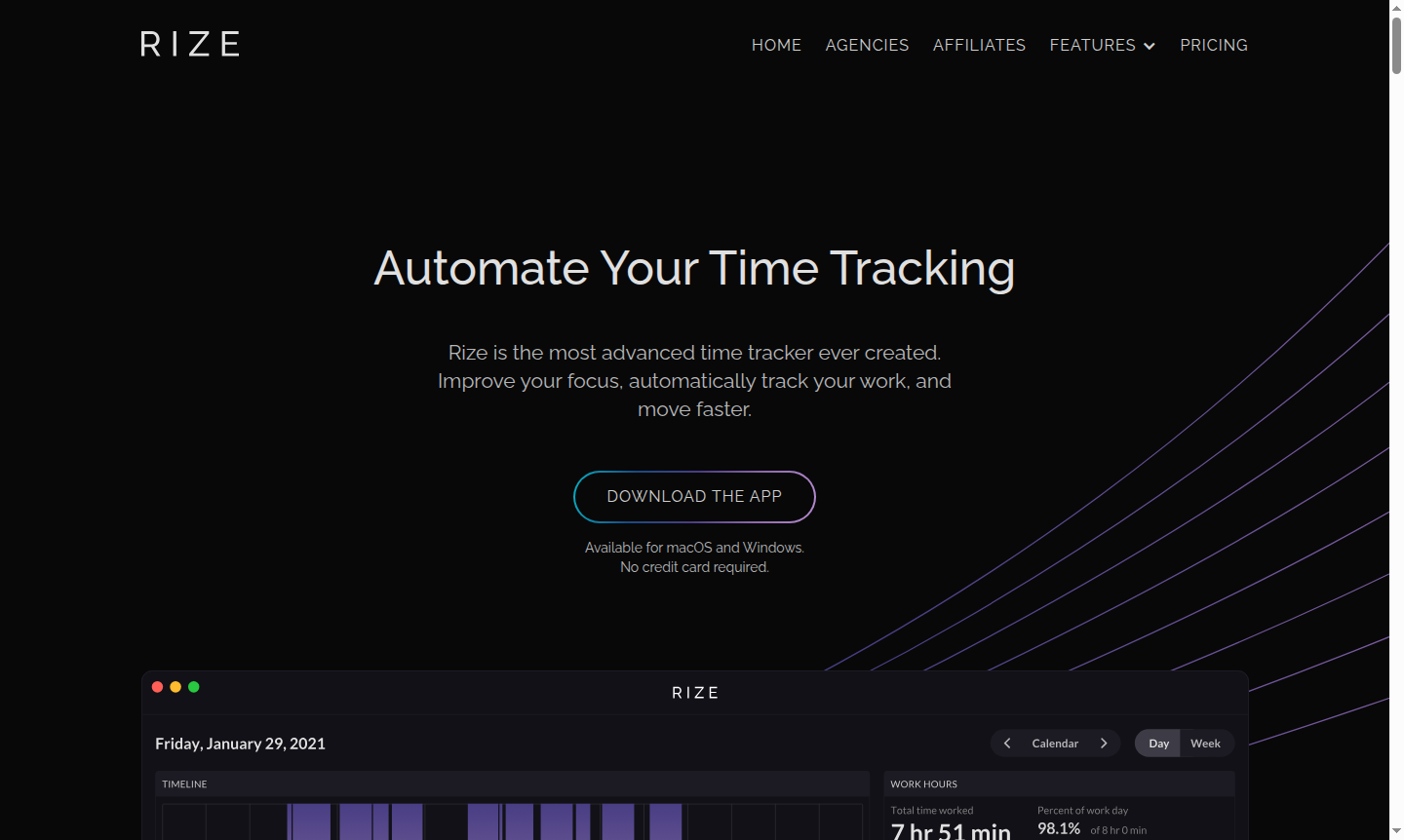 Screenshot or cover image of Rize automatic time tracking software interface