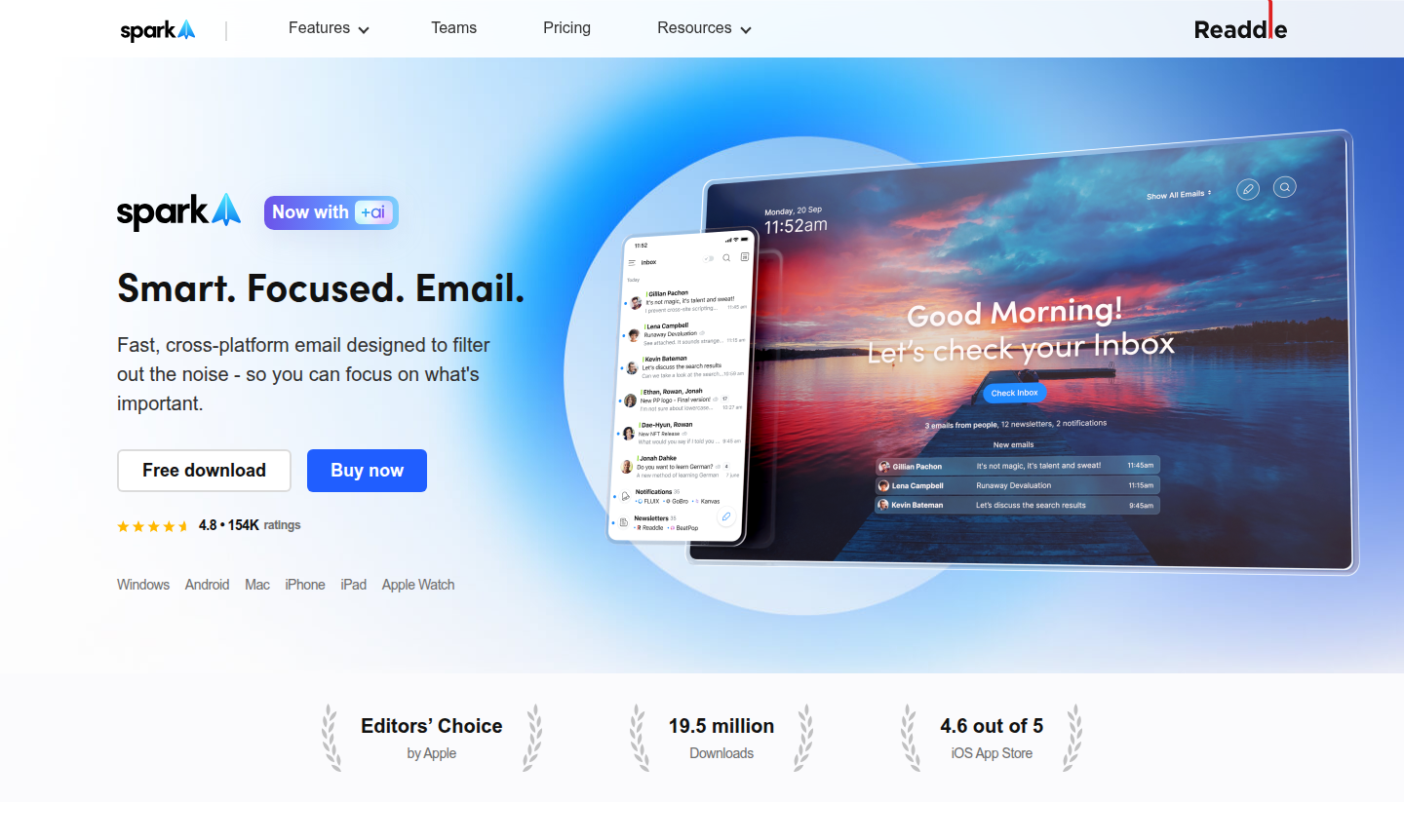 Spark email app interface showcasing smart inbox and features