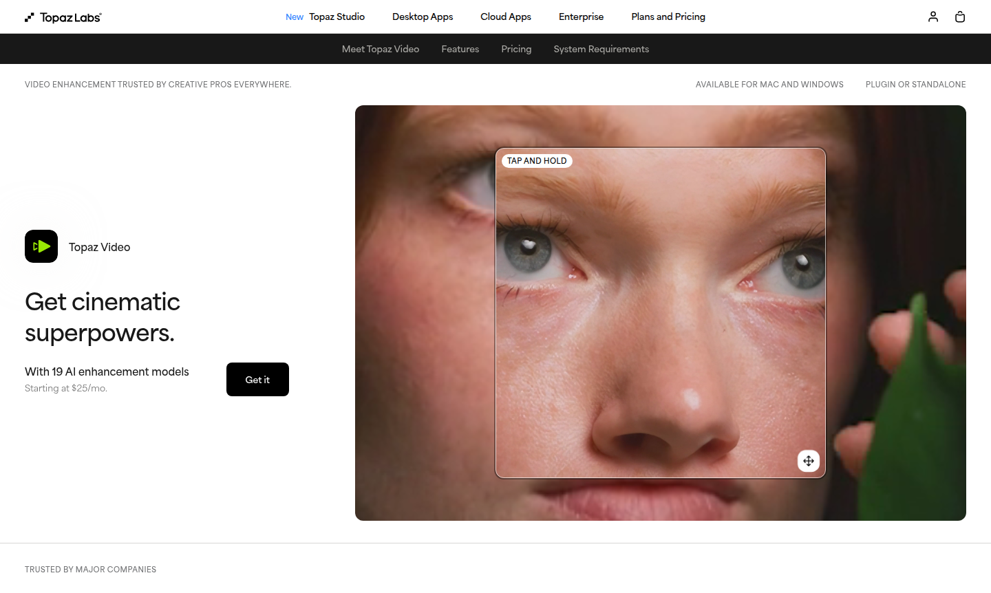 Topaz Video AI software interface showing video enhancement tools and AI model selection