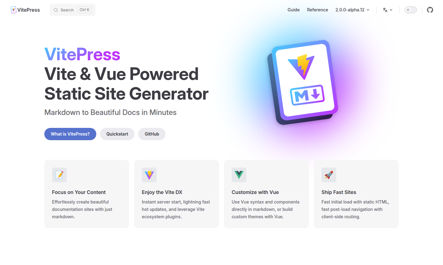 VitePress documentation site example showing clean markdown rendering with Vue components
