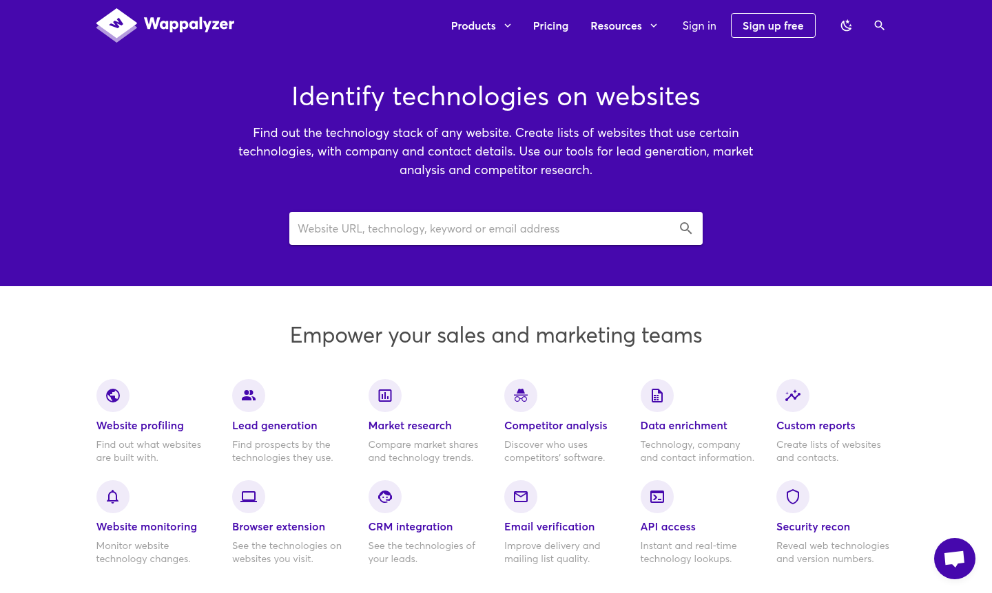 Wappalyzer dashboard showing website technology analysis and lead generation features