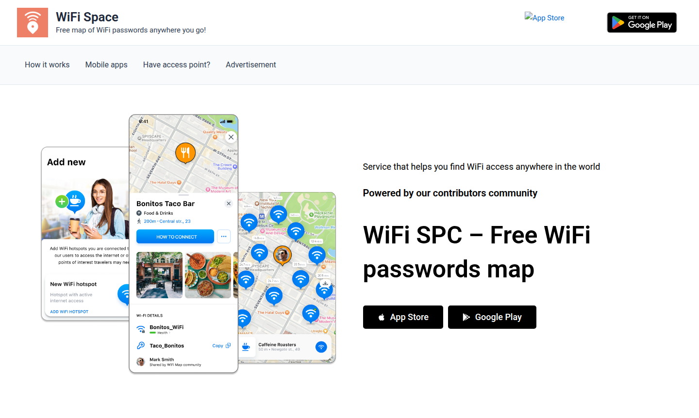 WiFi SPC app interface showing map