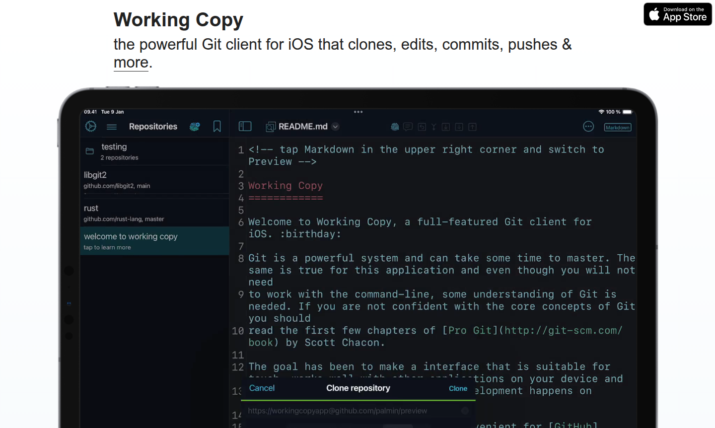 Screenshot or cover image of Working Copy app interface